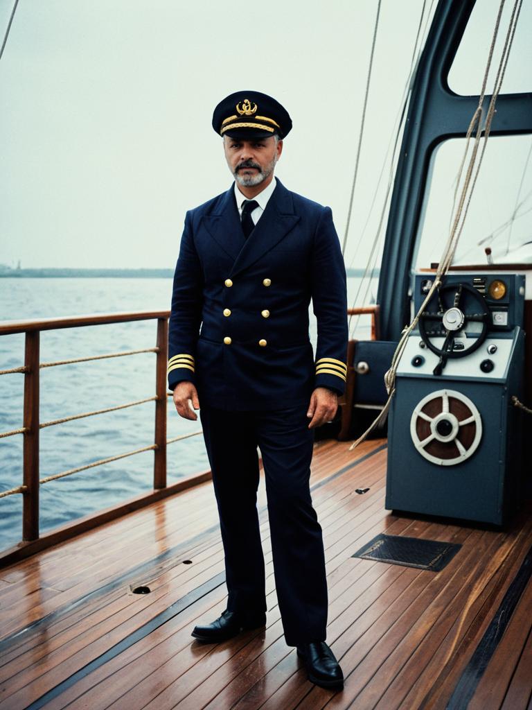 Man in Classic Ship Captain Outfit Full Body Cosplay Photo on Boat Deck