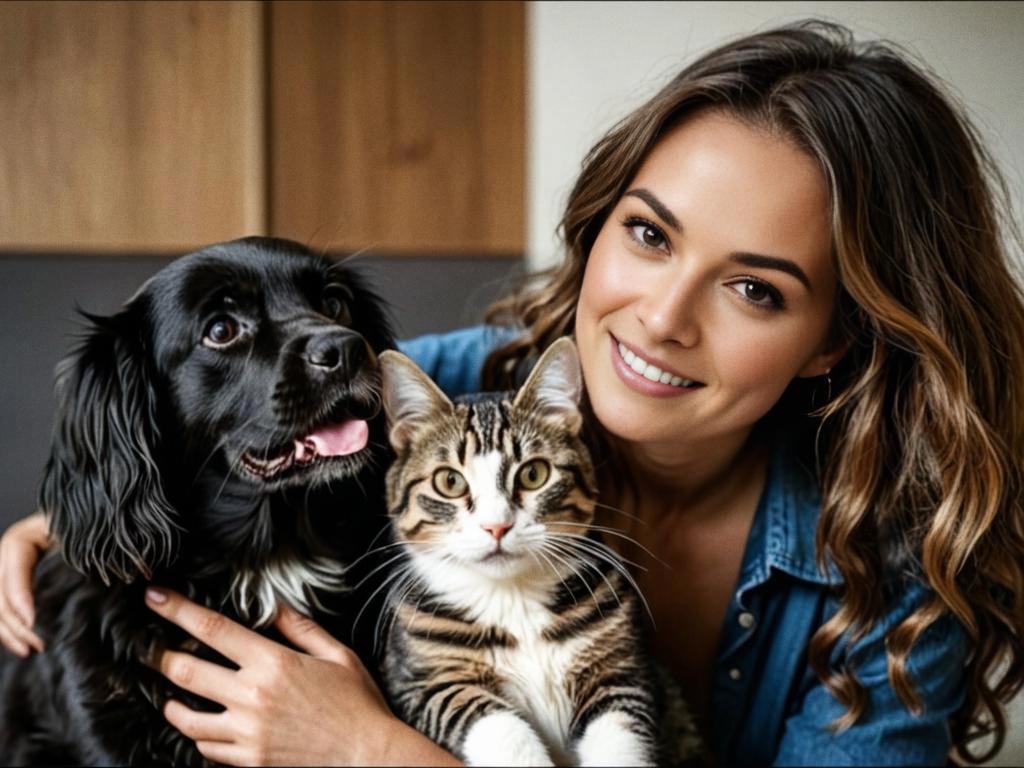 Cheerful Woman with Dog and Cat