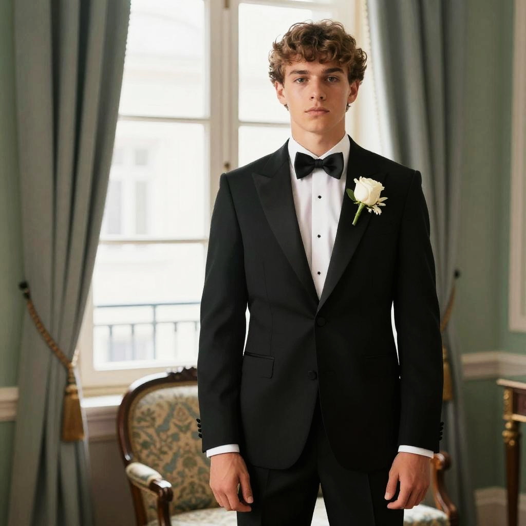 Young Man in Classic Black Tuxedo with White Rose Boutonniere