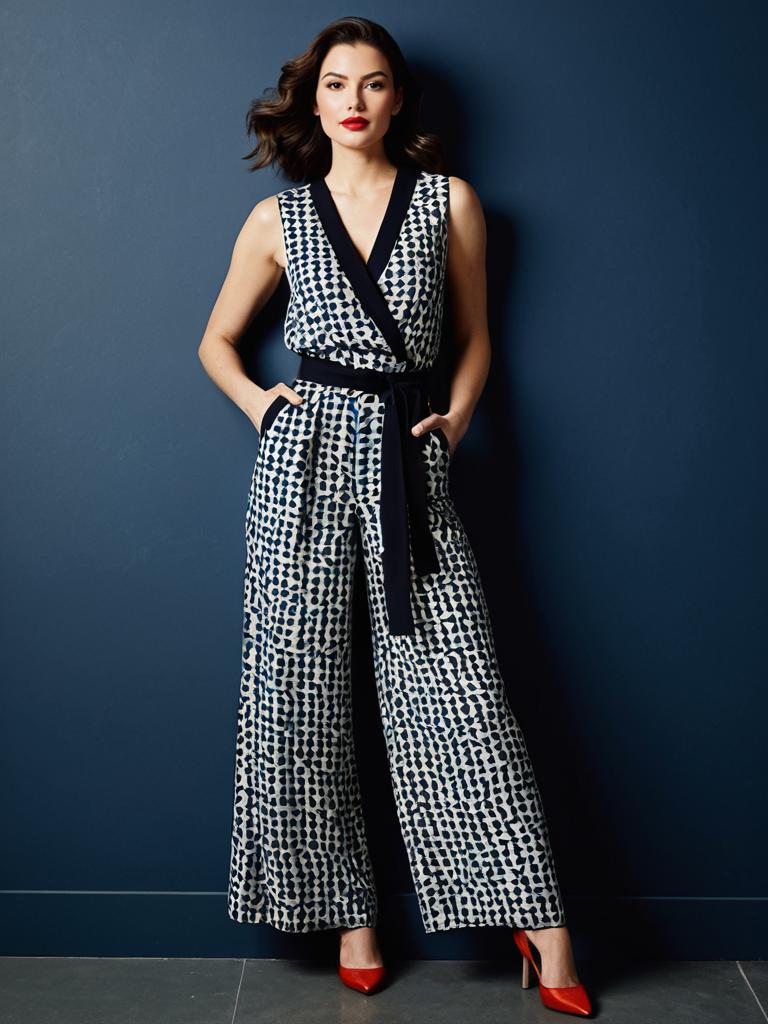 Stylish Woman in Abstract Patterned Jumpsuit with Red Heels