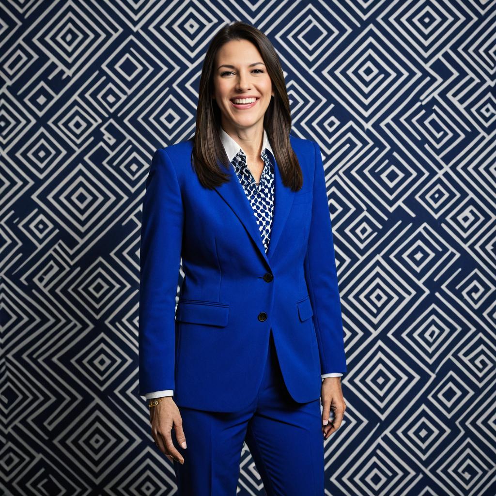Professional Woman in Royal Blue Suit with Geometric Patterned Background