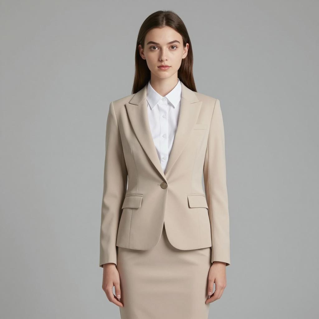 Professional Woman in Beige Skirt Suit and White Shirt Studio Portrait