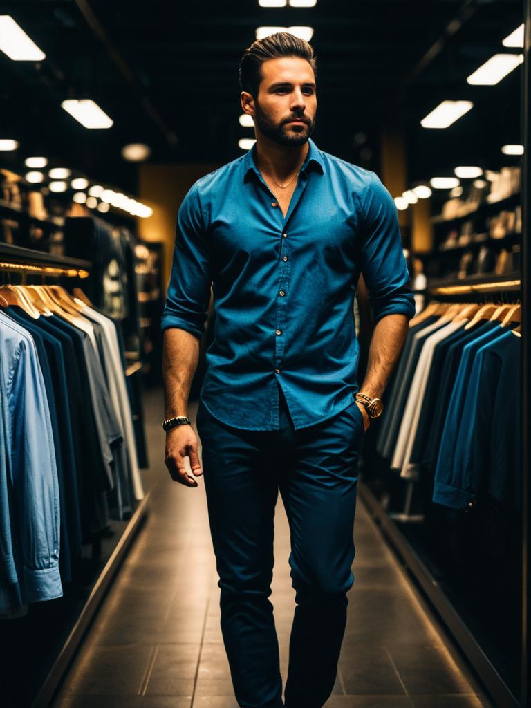 Stylish Man in Blue Shirt and Pants Walking in Trendy Clothing Store