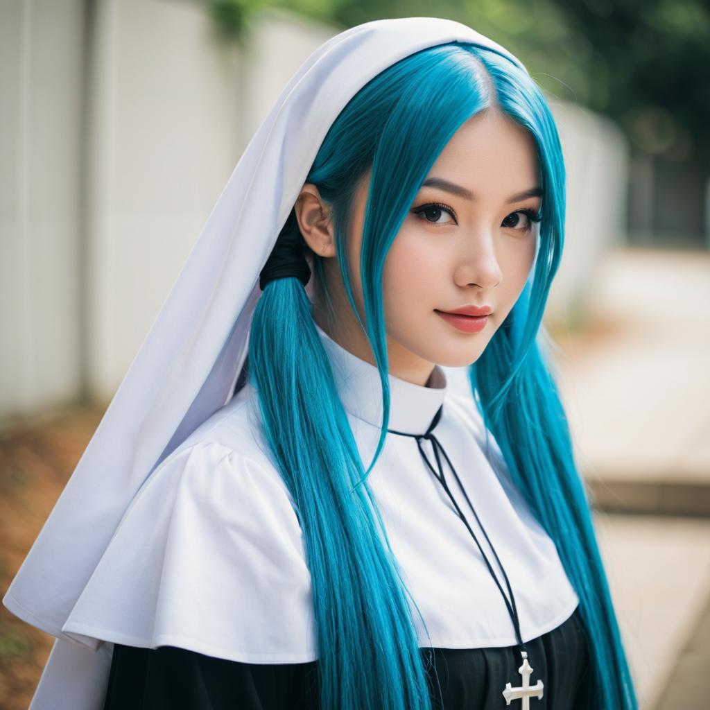 Woman with Teal Hair in Modern Nun Outfit Portrait