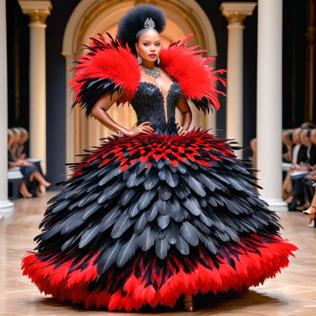 Avant-Garde Red and Black Feathered Gown