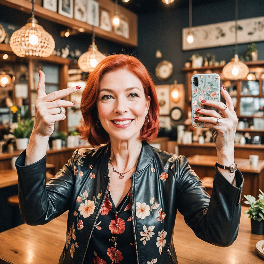 Cheerful woman with red hair in café Cheerful woman with red hair in café