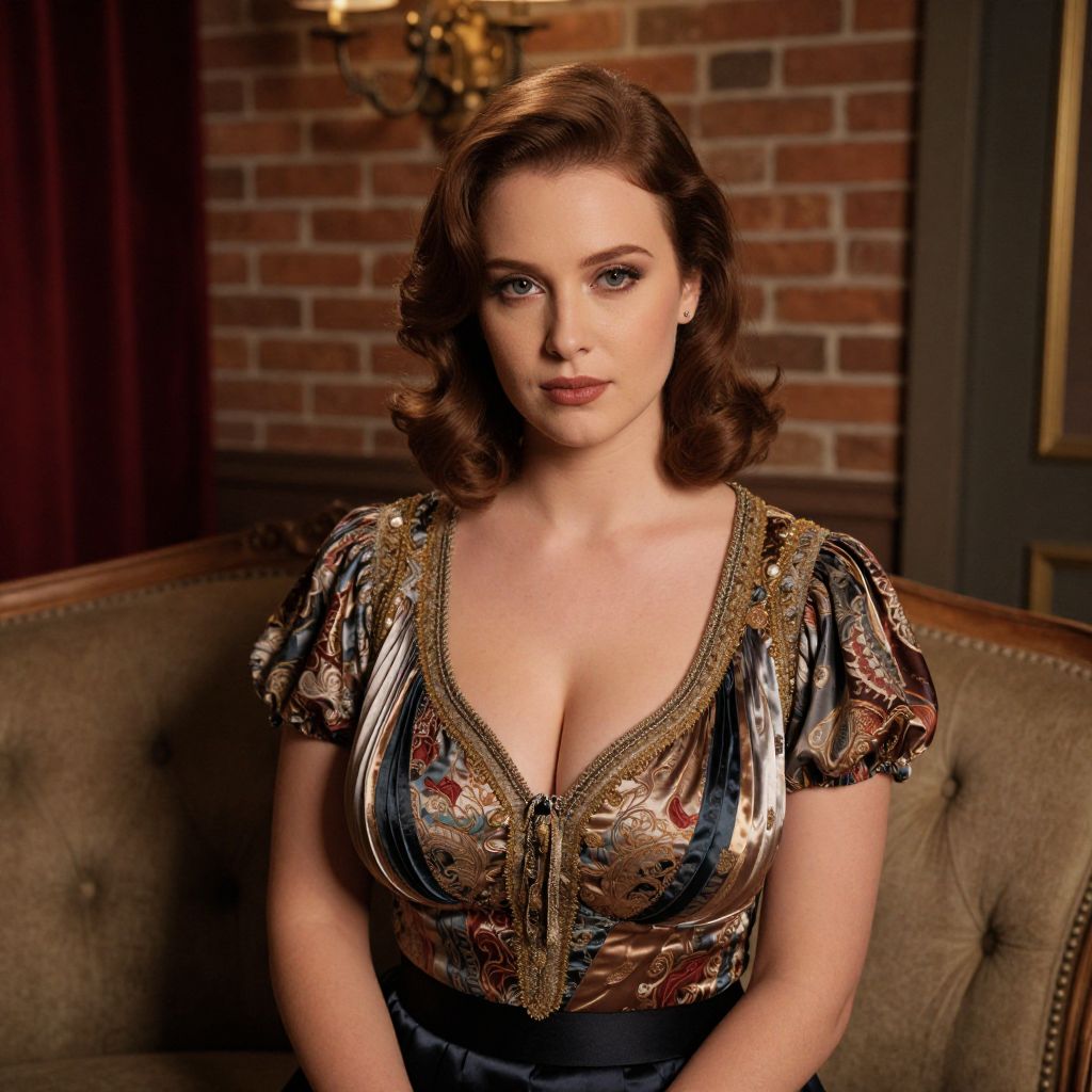 Elegant Vintage Style Portrait of Woman in Satin Dress on Sofa