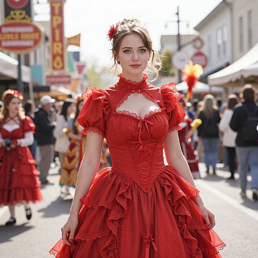 Young Woman in Red Vintage Lace Dress on Festival Street