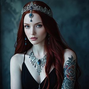 Elegant Woman with Jeweled Crown and Rose Tattoo Portrait