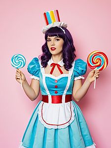 Woman in Candyland Costume Editorial Cosplay Portrait with Pastel Background