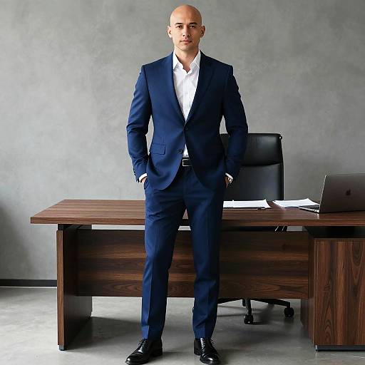 Confident Man in Navy Blue Suit Standing in Modern Office