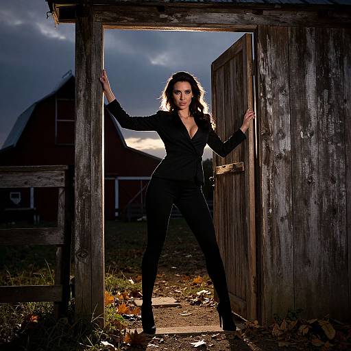 Confident Woman in Black Outfit Standing in Rustic Wooden Doorway
