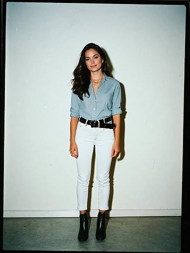 Woman in Casual Chic Light Gray Button-Up Shirt with Rolled-Up Sleeves and White Pants