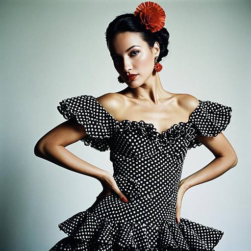 Elegant Woman in Polka Dot Flamenco Dress with Red Floral Accessories