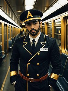 Man in Realistic Train Conductor Costume on Vintage Subway Train