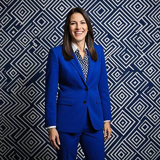 Professional Woman in Royal Blue Suit with Geometric Patterned Background