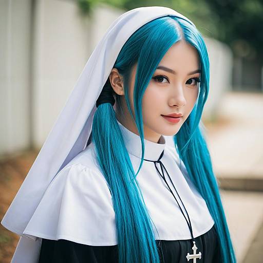 Woman with Teal Hair in Modern Nun Outfit Portrait