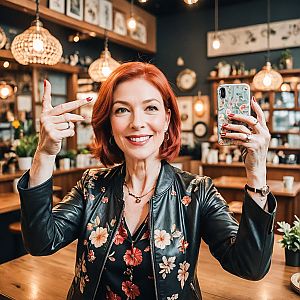 Cheerful woman with red hair in café