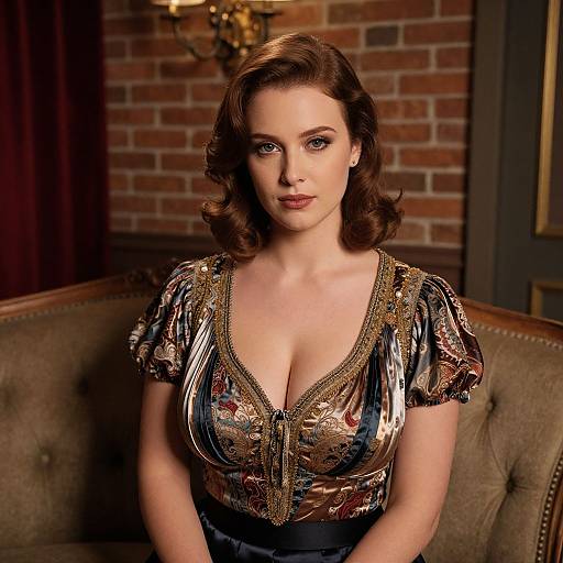 Elegant Vintage Style Portrait of Woman in Satin Dress on Sofa