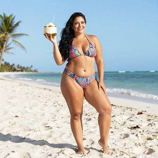 Woman in Colorful Bikini Holding Coconut on Beach