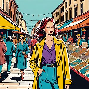 Confident Woman in Yellow Coat at Vibrant Market