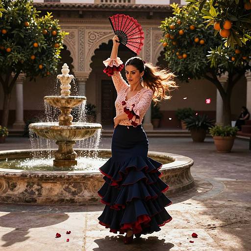 Flamenco Dancer Performing in Historic Courtyard with Fountain and Orange Trees
