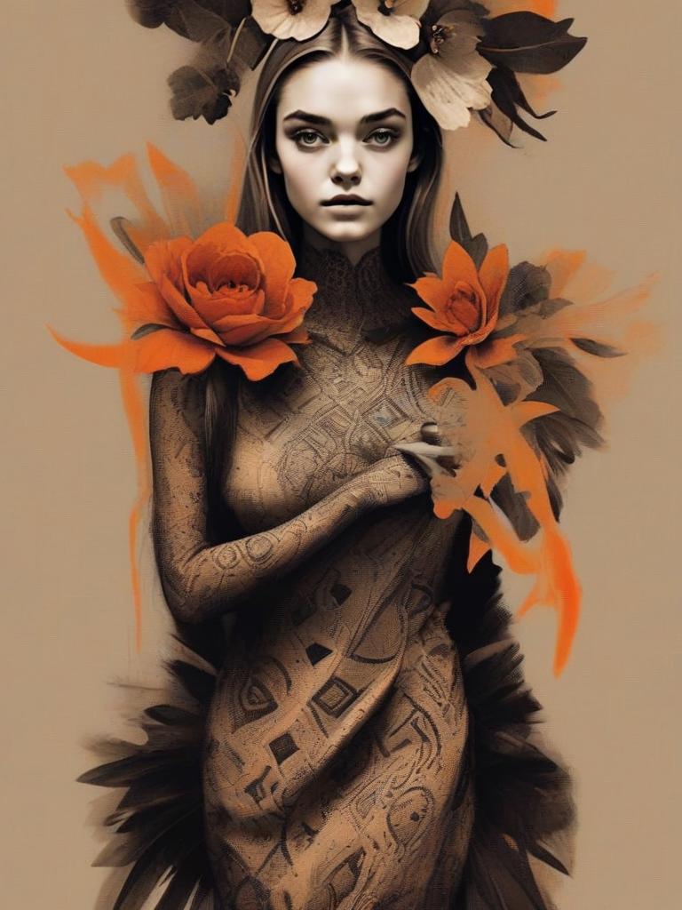 Digital portrait of a woman with orange flowers