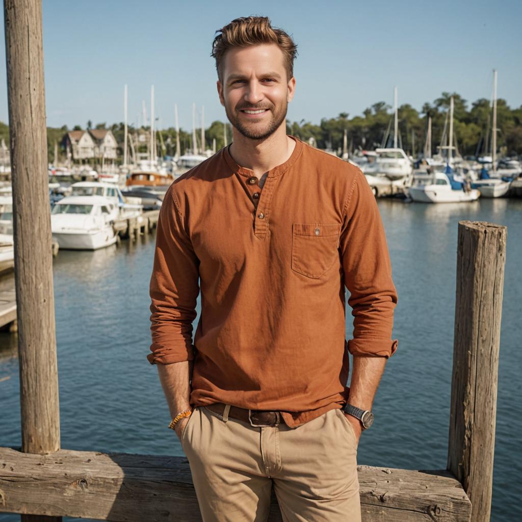 Confident Man at Marina in Burnt Orange Shirt