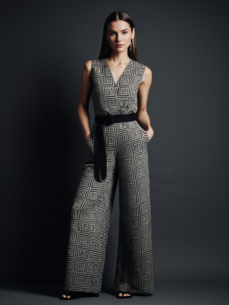 Stylish Woman in Geometric Pattern Jumpsuit Fashion Portrait