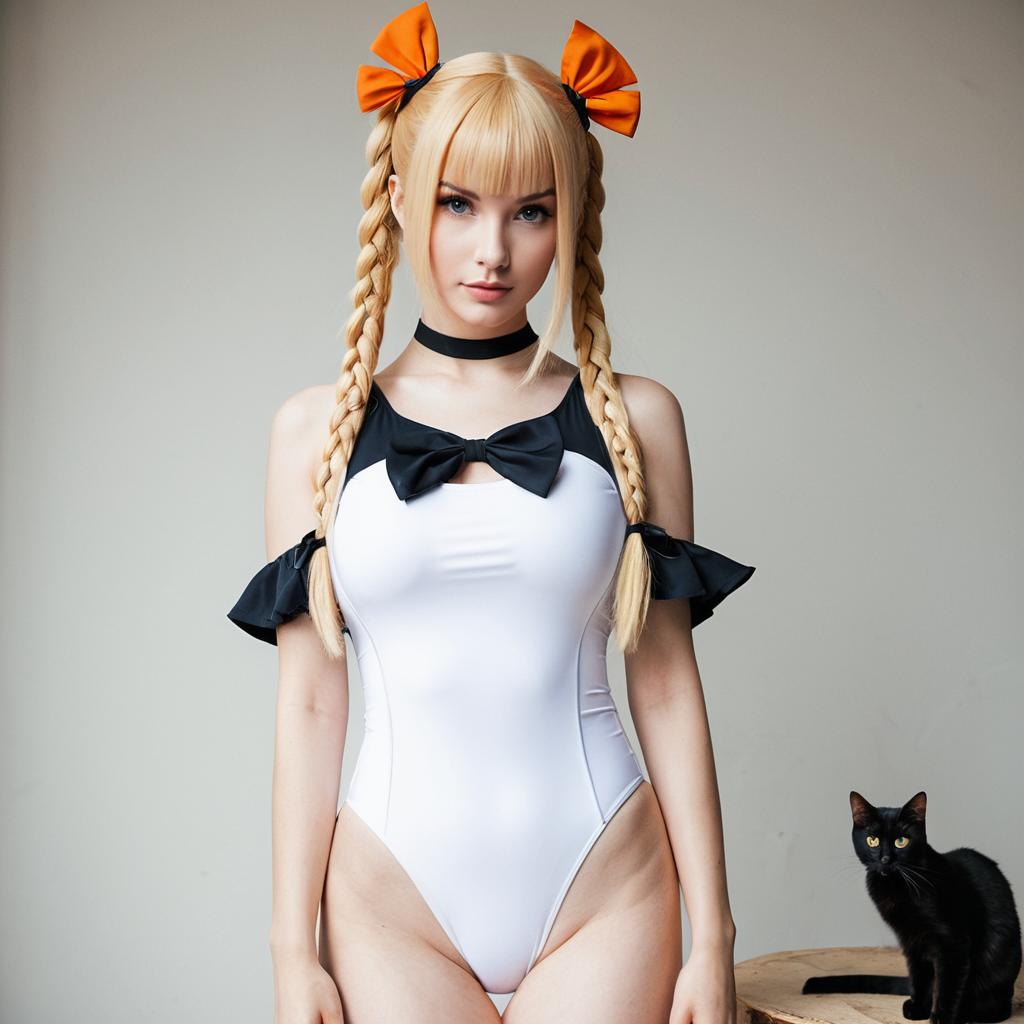 Abigail Williams Swimsuit Cosplay with Orange Bows and Black Cat