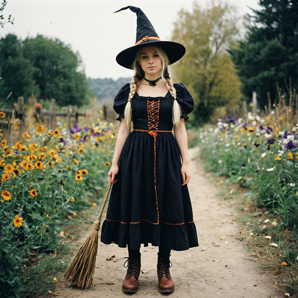 Young Woman in Witch Costume Surrounded by Wildflowers Young Woman in Witch Costume Surrounded by Wildflowers
