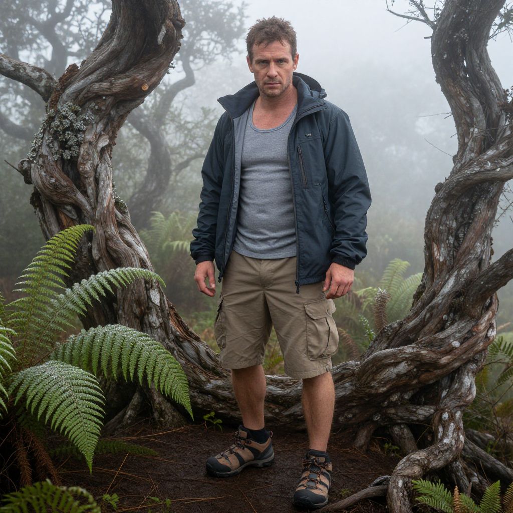 Man Hiking in Misty Forest with Twisted Trees and Ferns
