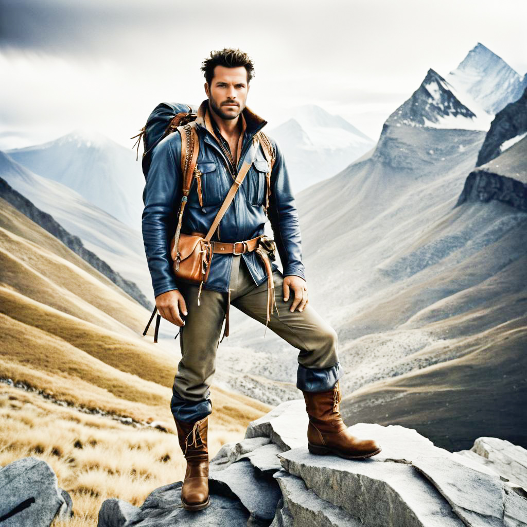 Rugged Man in Stylish Outdoor Outfit on Rocky Outcrop