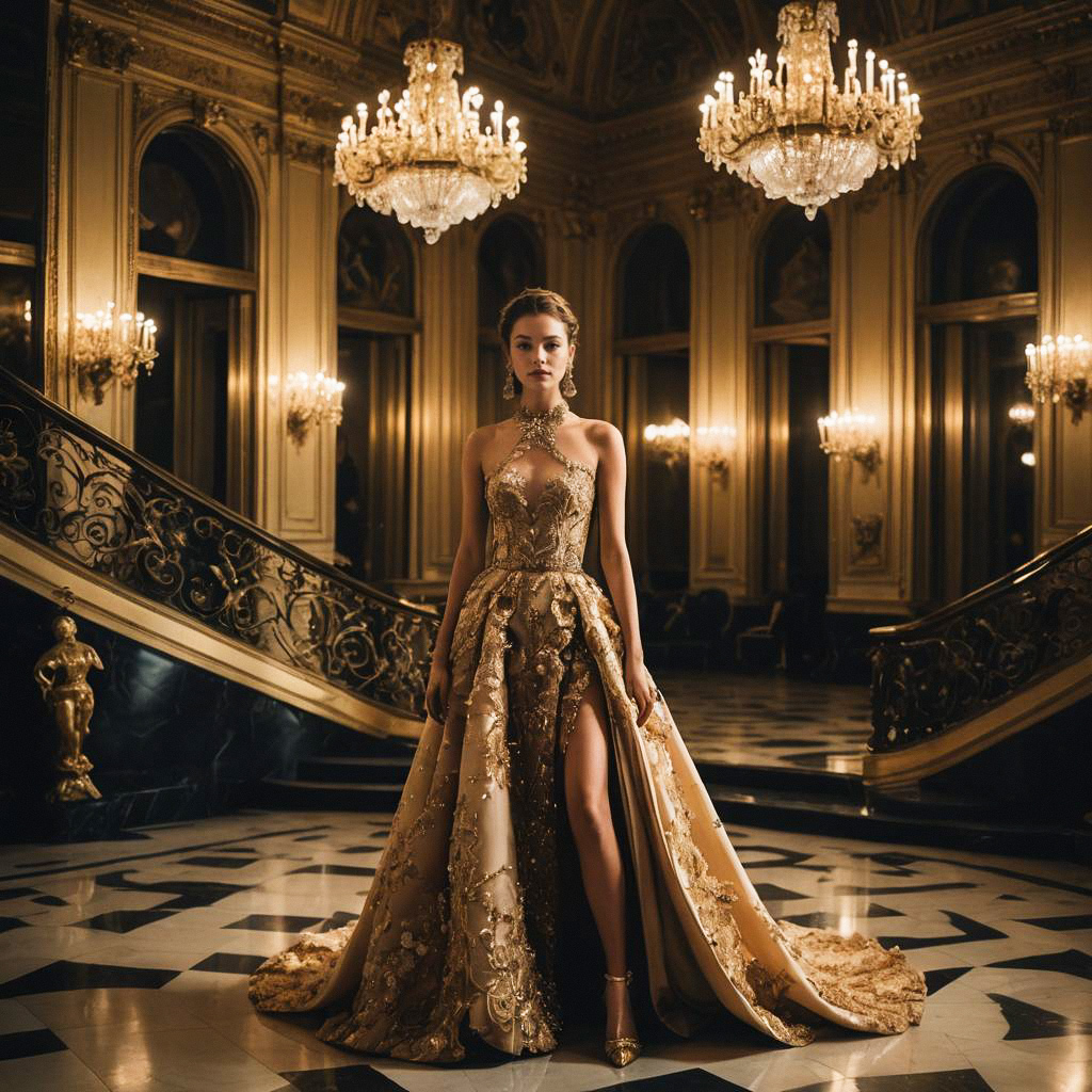 Elegant Woman in Gold Gown in Opulent Hall