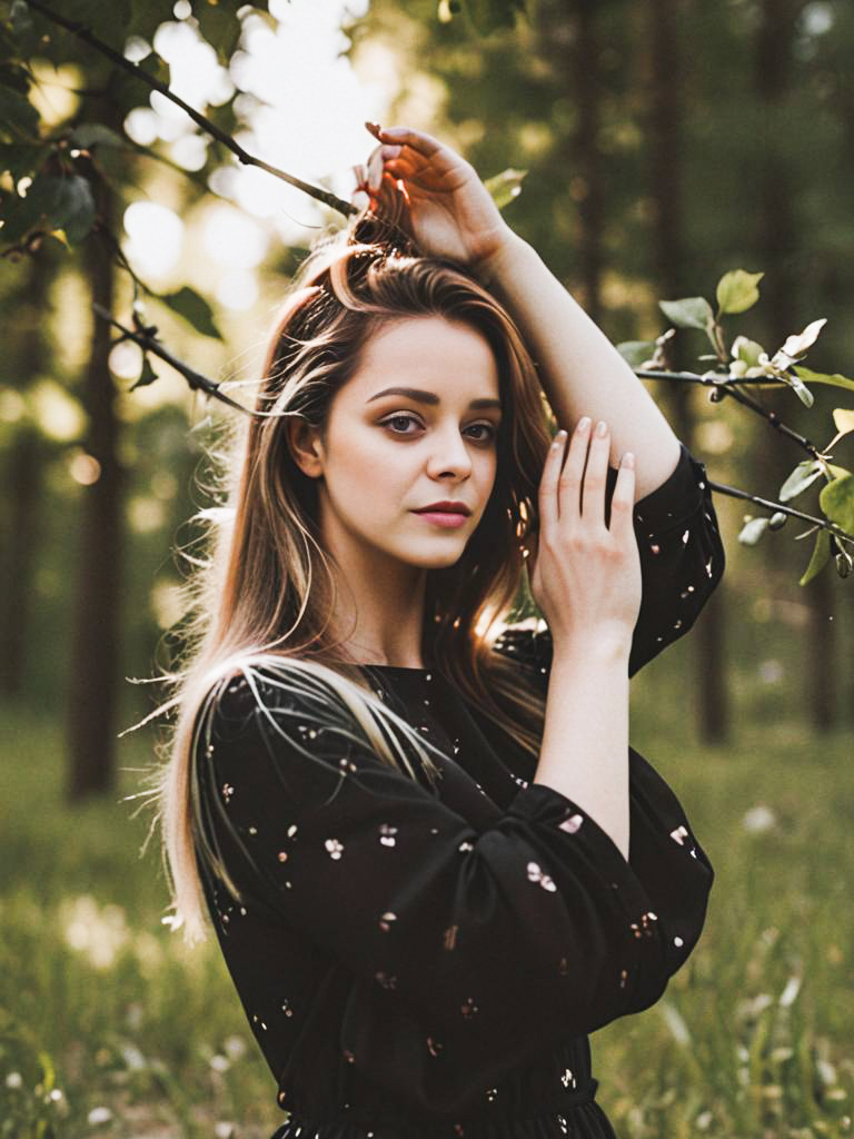 Young Woman in Sunlit Forest