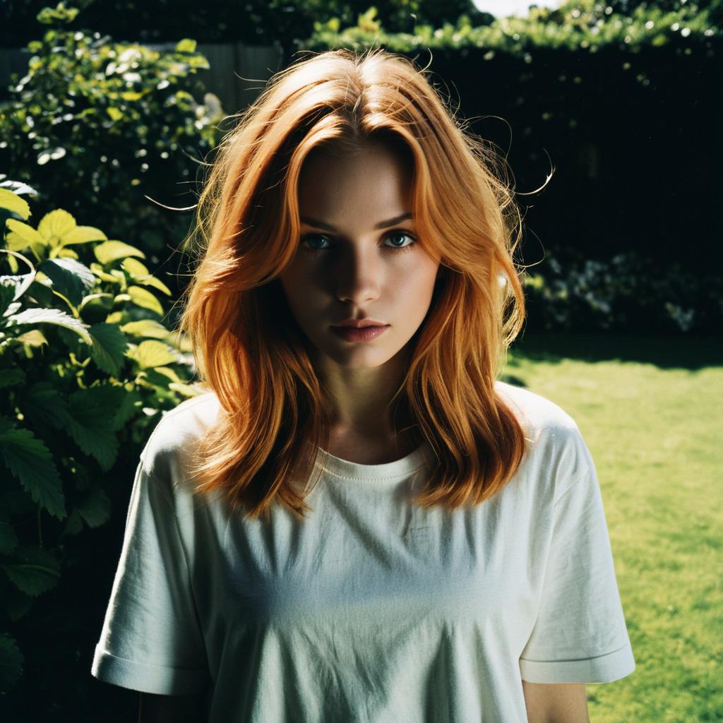 Portrait of Woman with Red Hair in Sunlit Garden