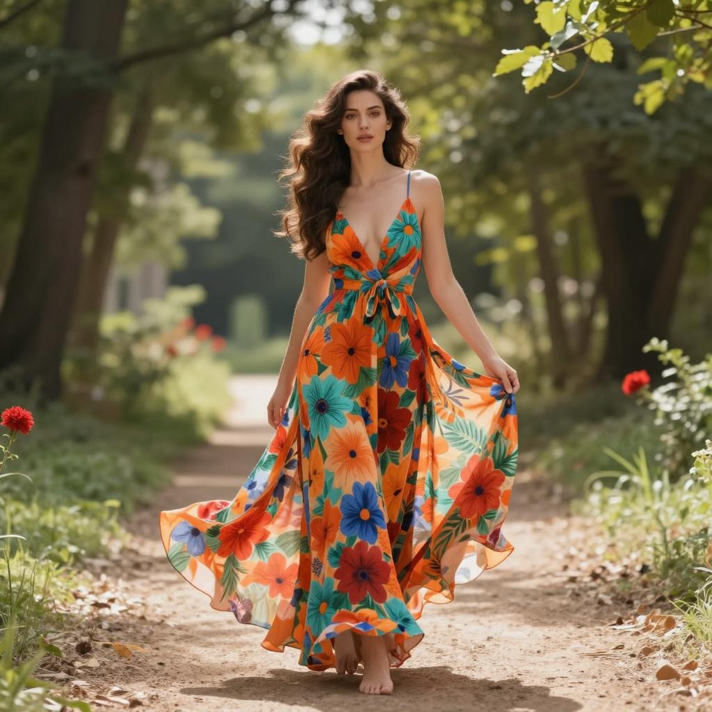 Woman in Colorful Floral Maxi Dress Walking Barefoot in Garden