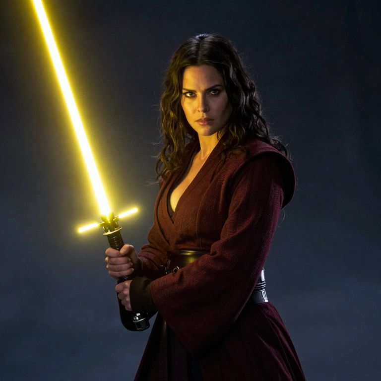 Woman Jedi Holding Yellow Double-Bladed Lightsaber in Dark Robe