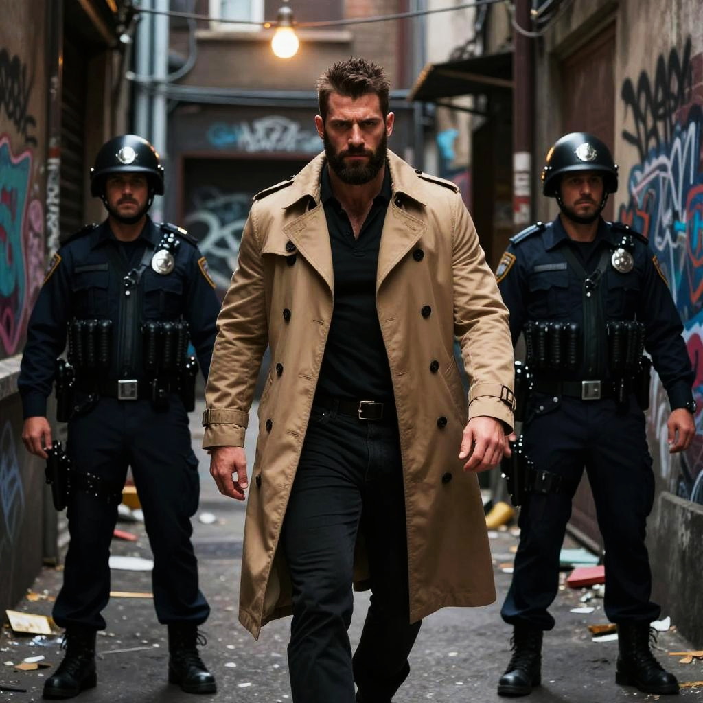 Man in Trench Coat Walks Through Graffiti Alley with Police Escort