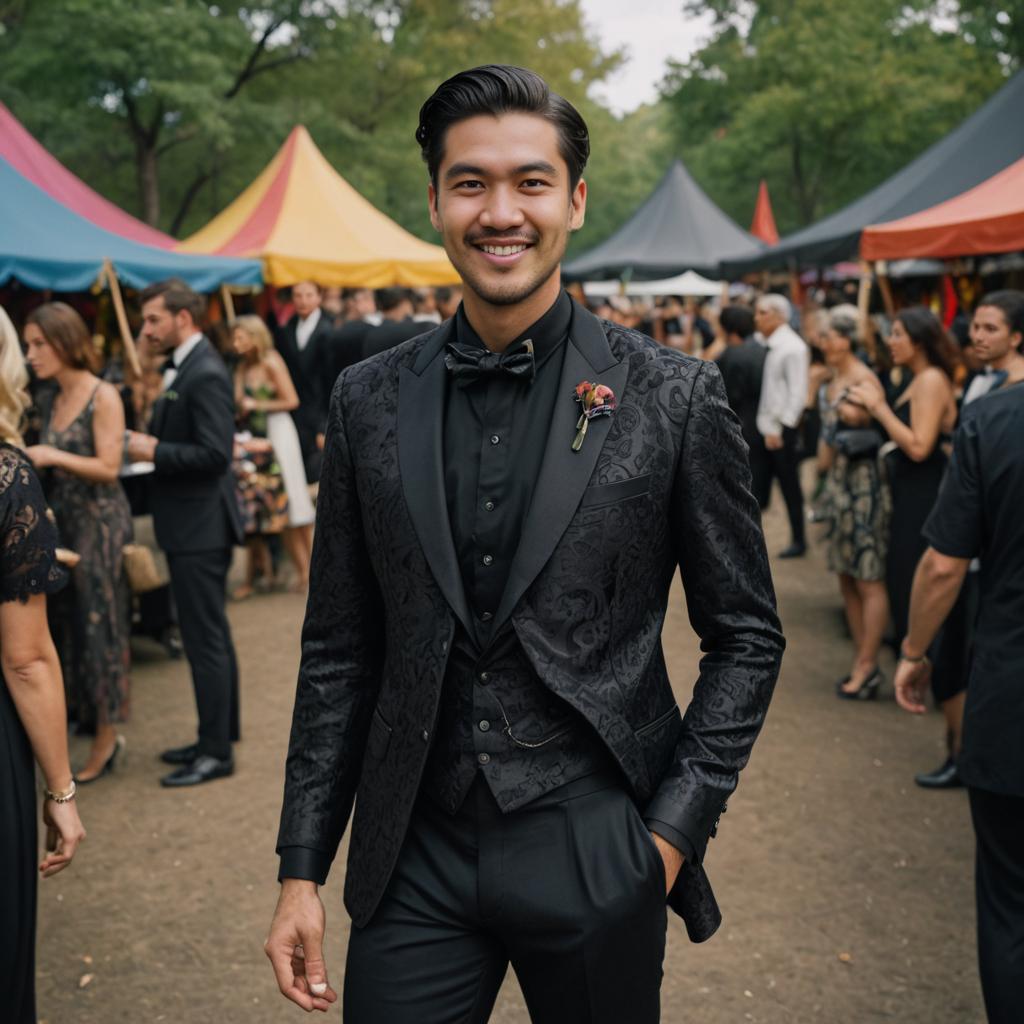 Stylish Man in Artistic Floral Suit at Outdoor Event