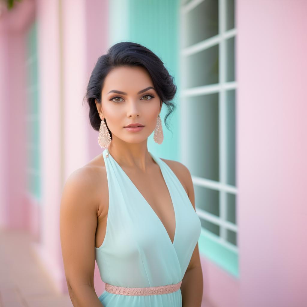 Elegant Woman in Light Blue Dress Against Pastel Background