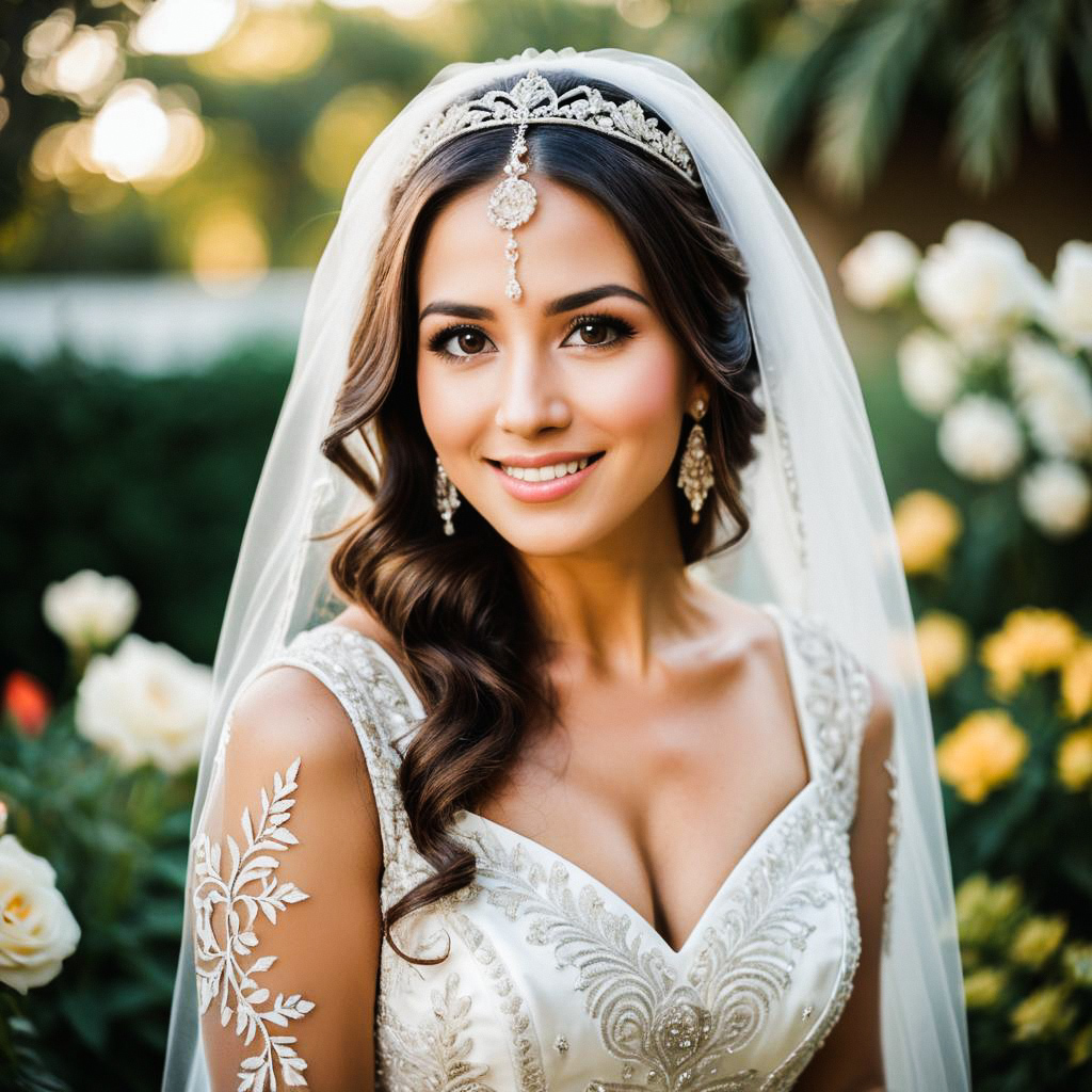 Radiant bride in elegant gown among blooming flowers