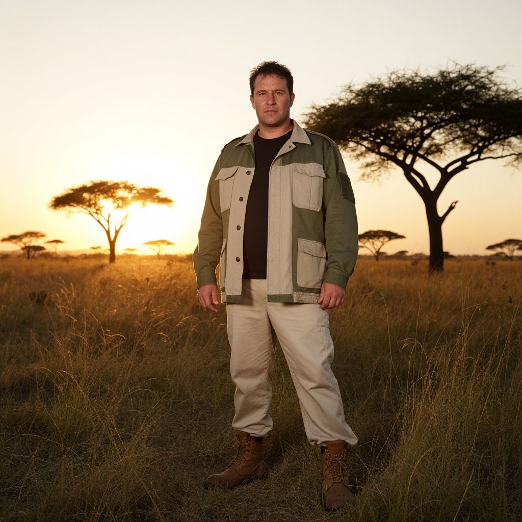Man in Military Jacket Standing in African Savannah at Sunset