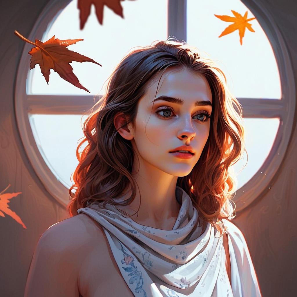 Digital Portrait of Woman with Autumn Leaves by Round Window