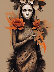 Digital portrait of a woman with orange flowers