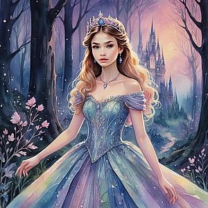 Fantasy Scene with Young Woman in Elegant Gown