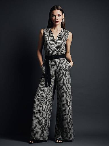Stylish Woman in Geometric Pattern Jumpsuit Fashion Portrait