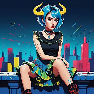 Blue-haired woman with yellow horns on urban ledge