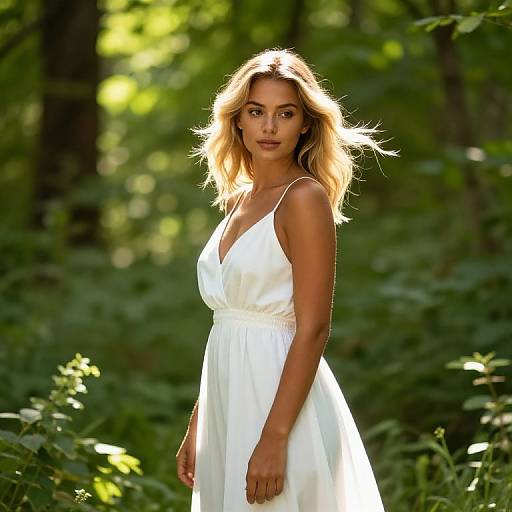 Young Woman in White Dress Standing in Sunlit Forest