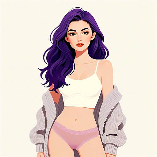 Stylish Woman with Purple Hair in Casual White Crop Top and Lavender Lace Underwear Digital Illustration